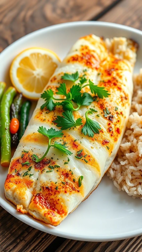 Baked Tilapia Recipe Baked tilapia fillet garnished with parsley and lemon, served with vegetables and rice on a rustic table.